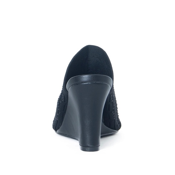 Lauren Lorraine Martha Black Wedge Heels Womens 6.5 Peep Toe Slip On Mule - Picture 3 of 5